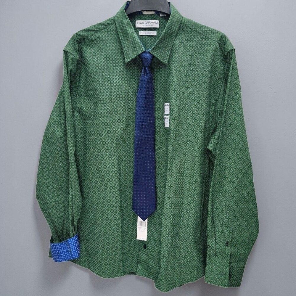 Nick Graham Stretch Modern Fit Dress Shirt Tie Set Mens 2XL-XL Mosaic Dot Preppy